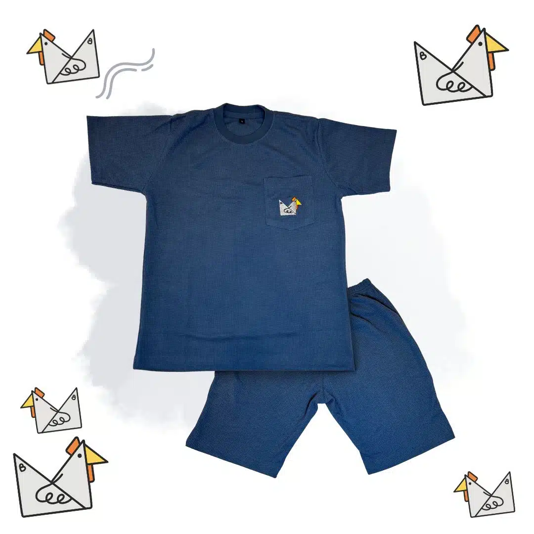 One Set Kids Tshirt Steel Blue Motif Origami Ayam Jago (Waffle Premium)