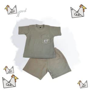 One Set Kids Tshirt Khaki Motif Origami Ayam Jago (Waffle Premium) - koleksi Tshirt