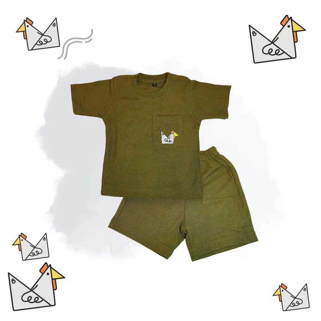One Set Kids Tshirt Olive Motif Origami Ayam Jago (Waffle Premium)