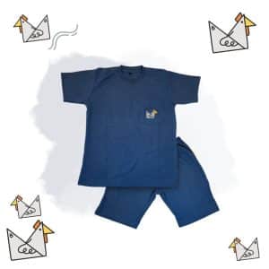 One Set Kids Tshirt Steel Blue Motif Origami Ayam Jago (Waffle Premium) - koleksi Tshirt