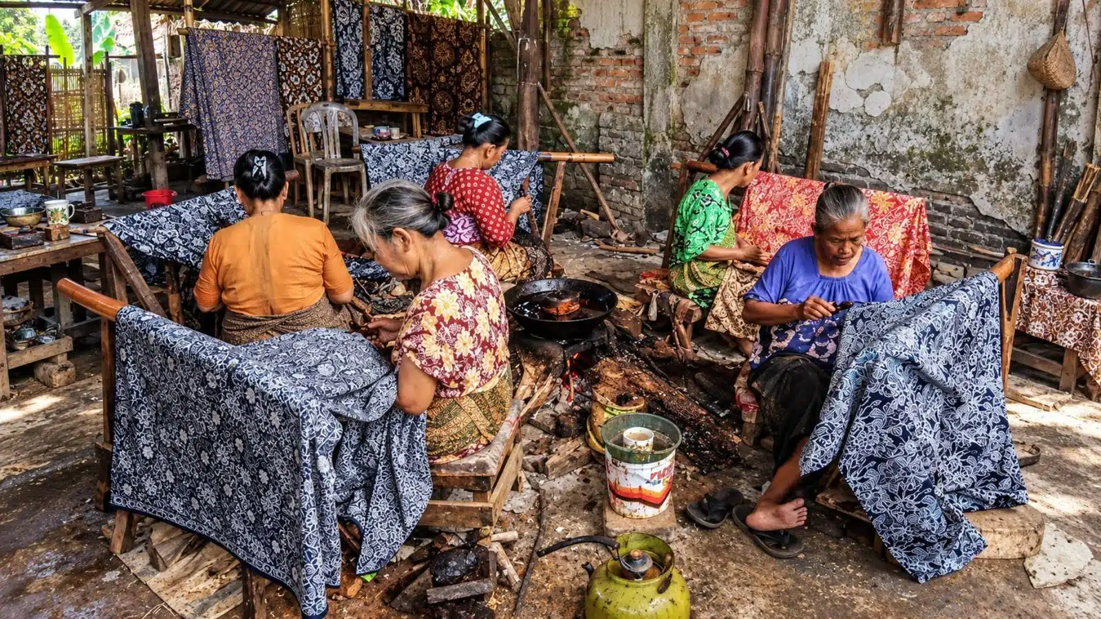 Ilustrasi perajin batik tulis menorehkan malam dengan canting di kampung batik