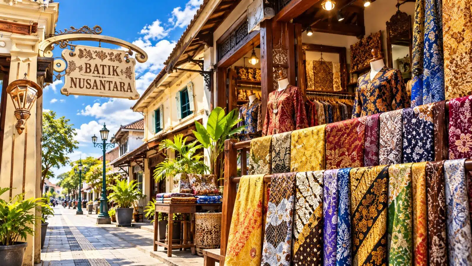 Ilustrasi deretan kain batik Nusantara dipajang di depan galeri batik