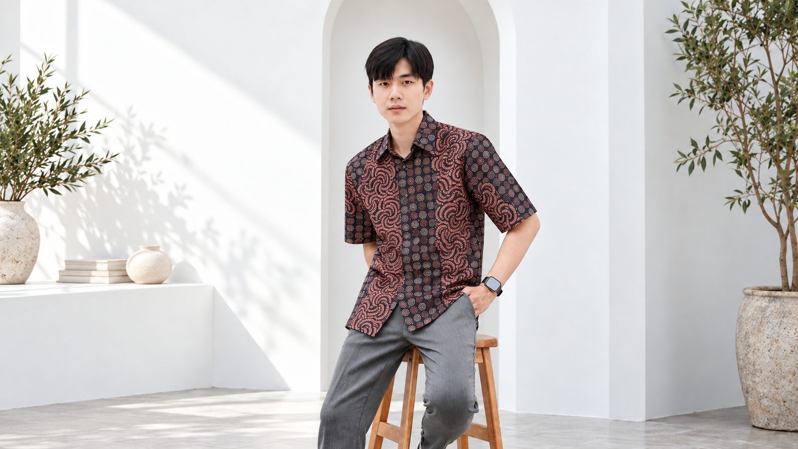Ilustrasi pria memakai kemeja batik cokelat bermotif untuk acara semi-formal