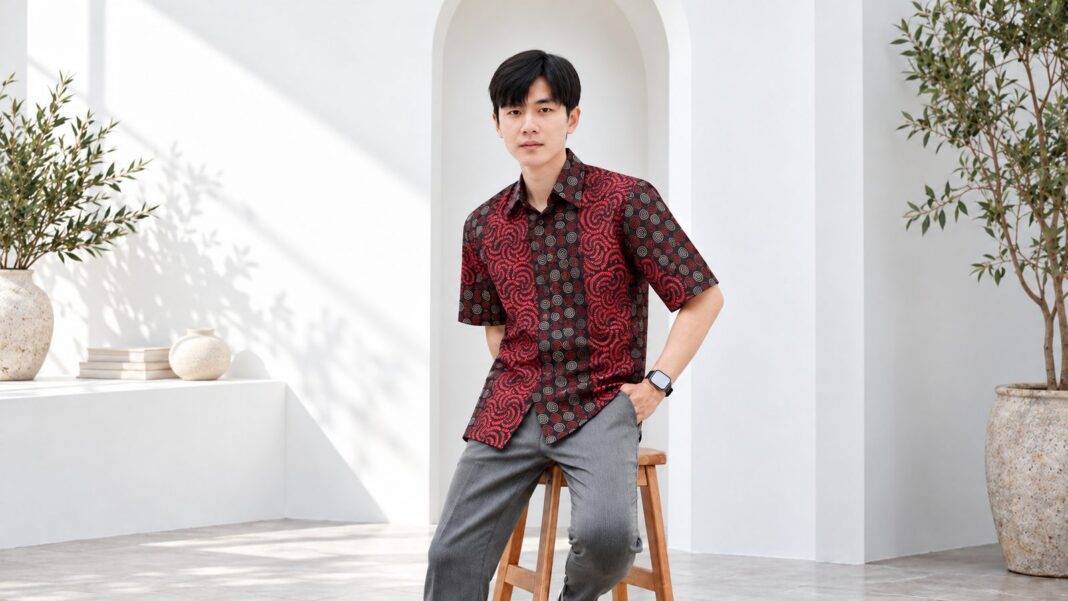 Ilustrasi outfit batik pria: kemeja batik merah dipadukan celana abu dan sepatu kasual
